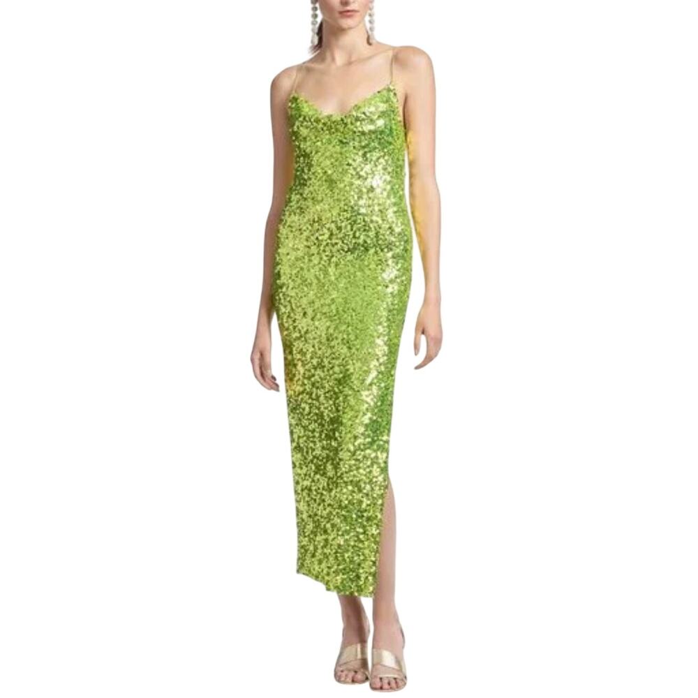 Sachin & Babi Sequined Cowl Neck Midi Sheath Cocktail Dress Green Size 8